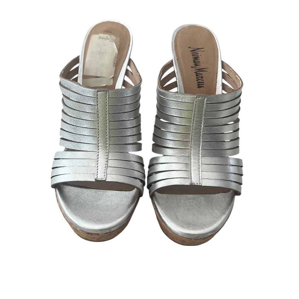 Neiman Marcus Leroy Strappy Cork Metallic Slide On Wedges